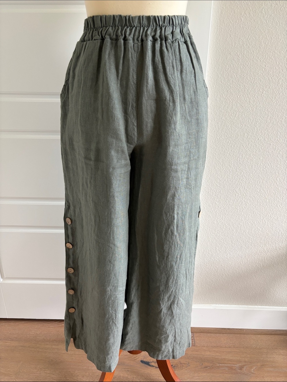 Bluish Green Wide-Leg Linen Pants with Side Button Detail